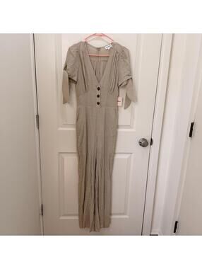 Revolve Superdown Womens Jumpsuits Size Xs Beige Linen Blend Wide Leg V-Neckline